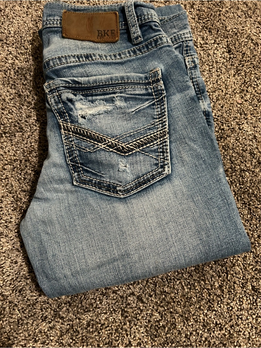 BKE Men's Light Blue Slim Straight Jeans with Distressed Back Pocket